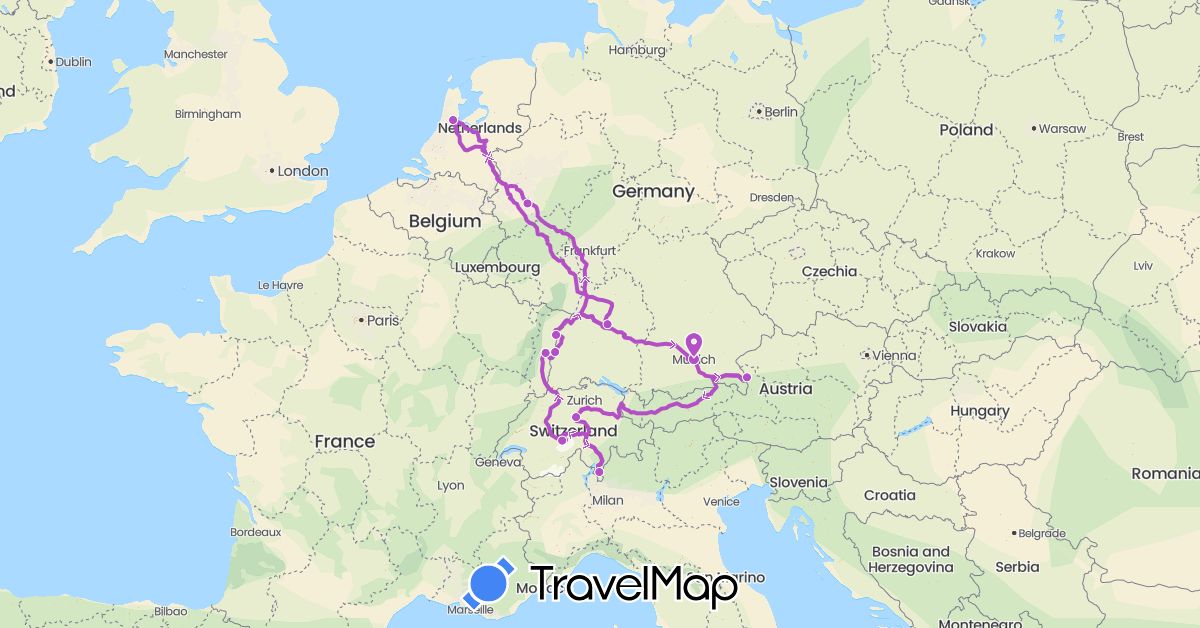 TravelMap itinerary: plane, train in Austria, Switzerland, Germany, France, Netherlands (Europe)
